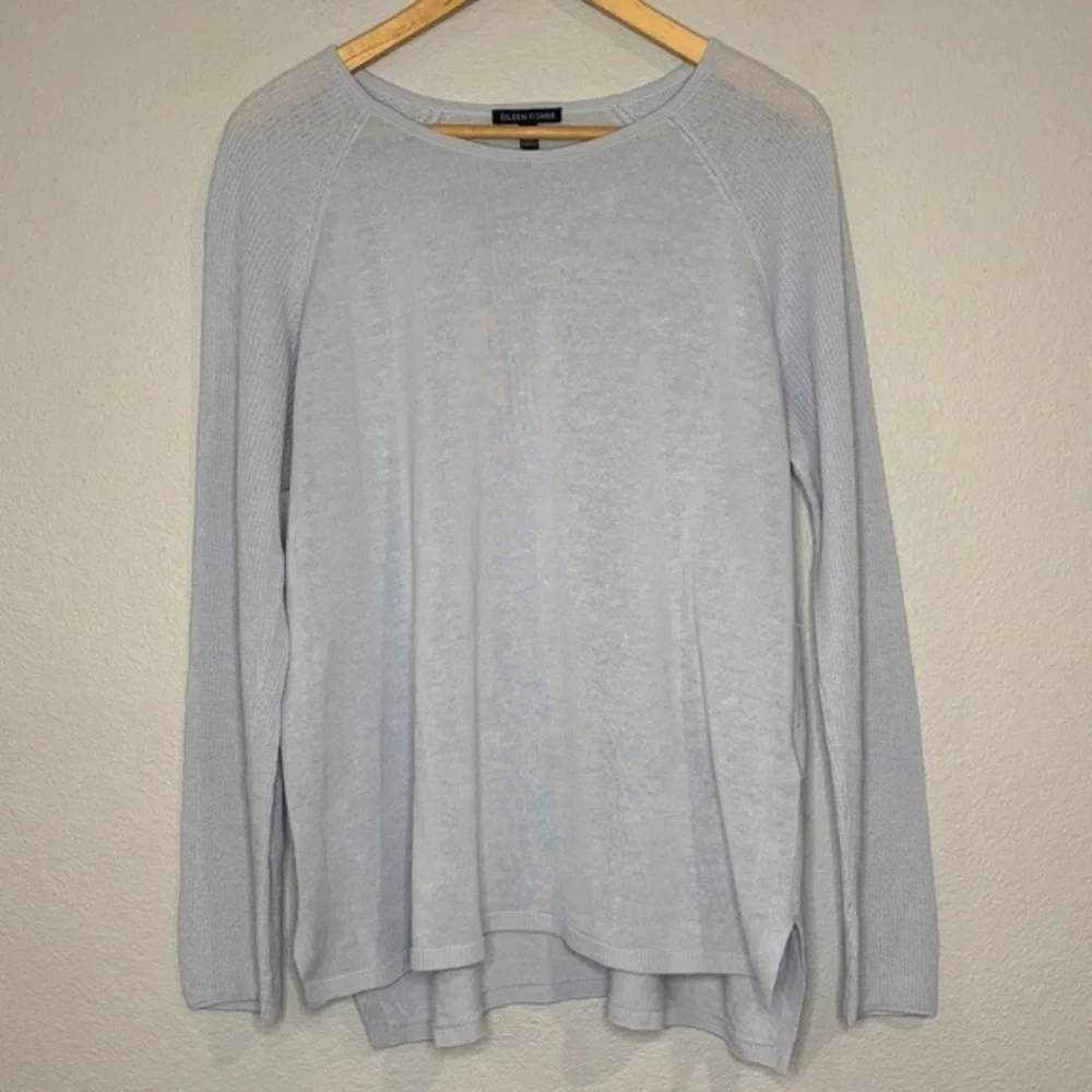 Eileen Fisher organic linen/cotton lightweight sweater side slits pale blue L